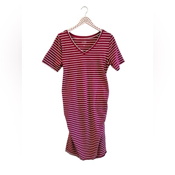 Large Isabel Maternity deep red stripe T-shirt Midi dress comfortable v neck - Picture 1 of 5